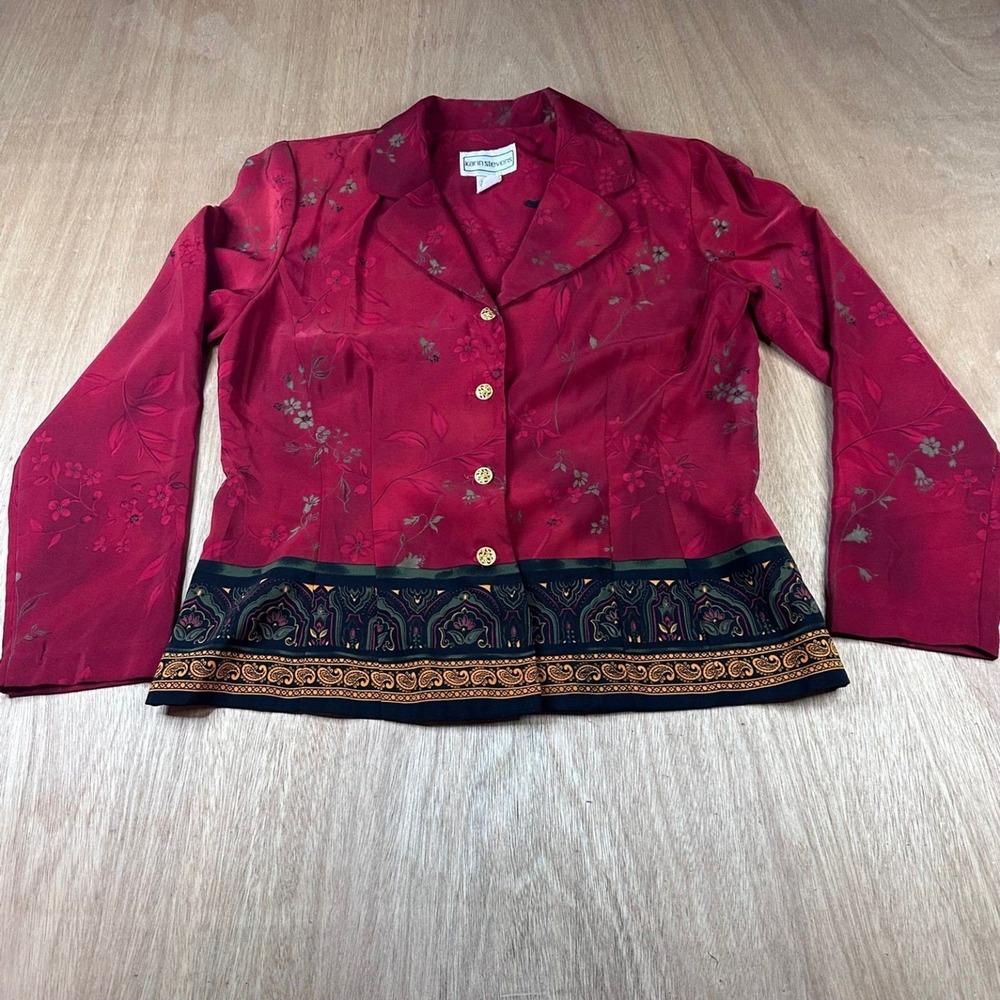Vintage Karin Stevens Red Floral Button Down Blouse Top Sz 10 Made in USA